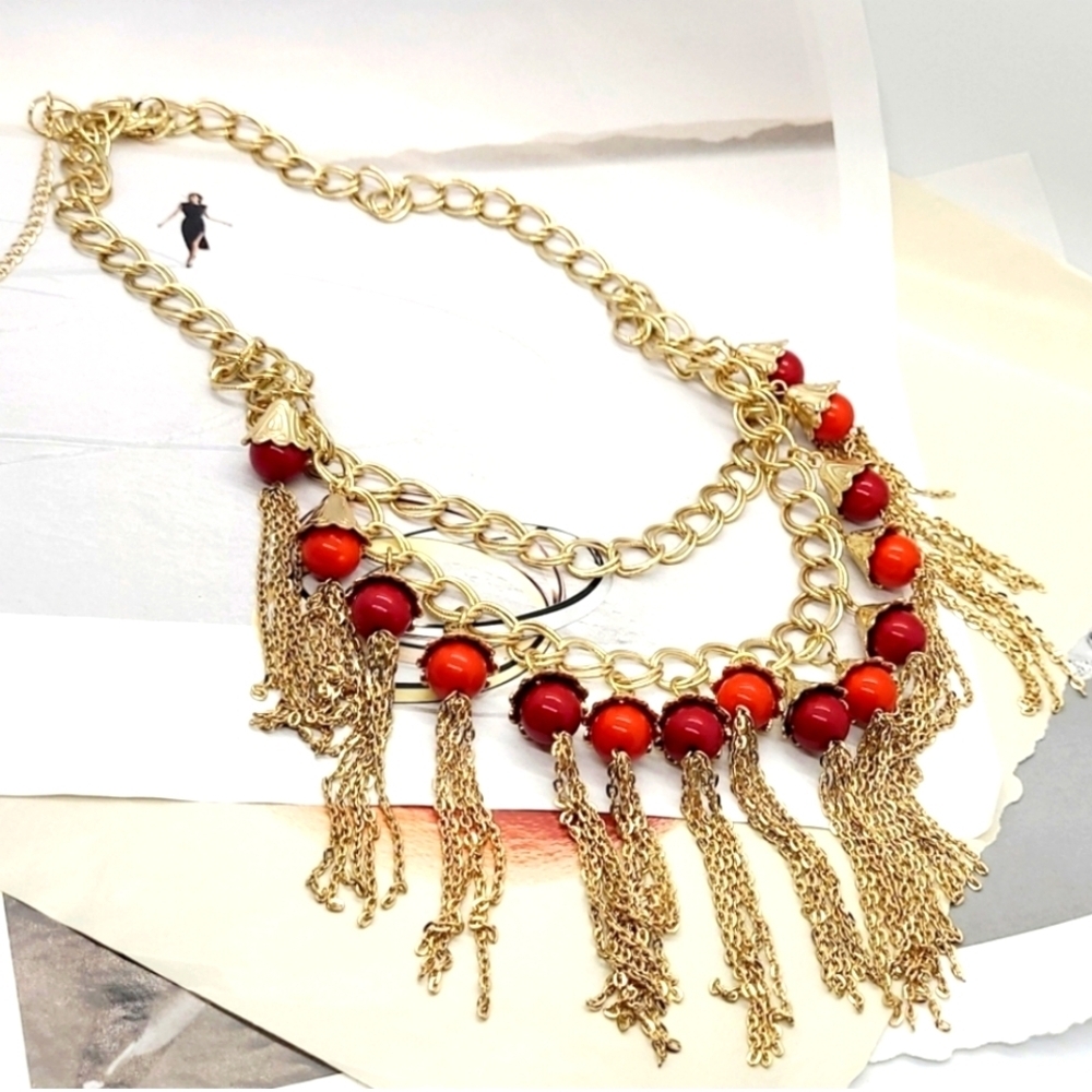 Vintage Estate Red Crystal Fringe Tassel Bib Gold Chain link Necklace
